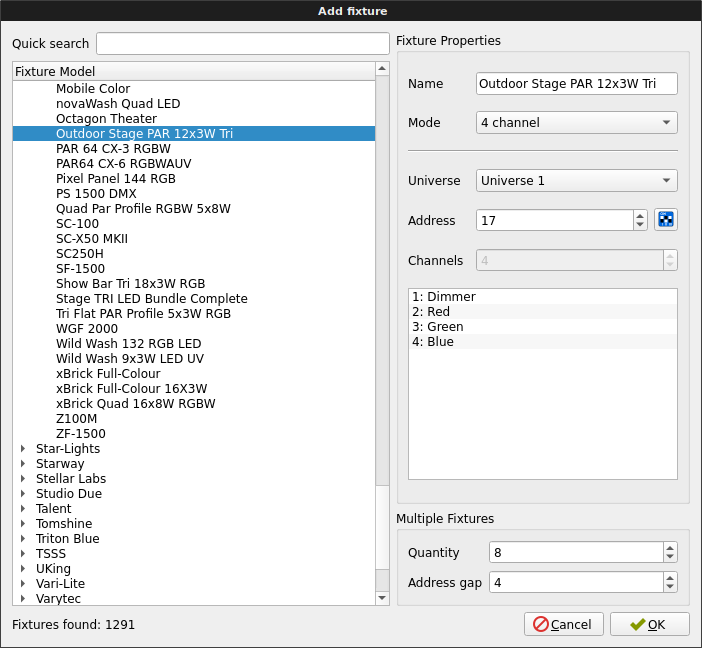 Screenshot der Software Q Light Controller Plus im Scheinwerferdialog