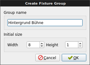 Screenshot von QLC Plus mit Fixture Group, die Hintergrund Bühne heißt